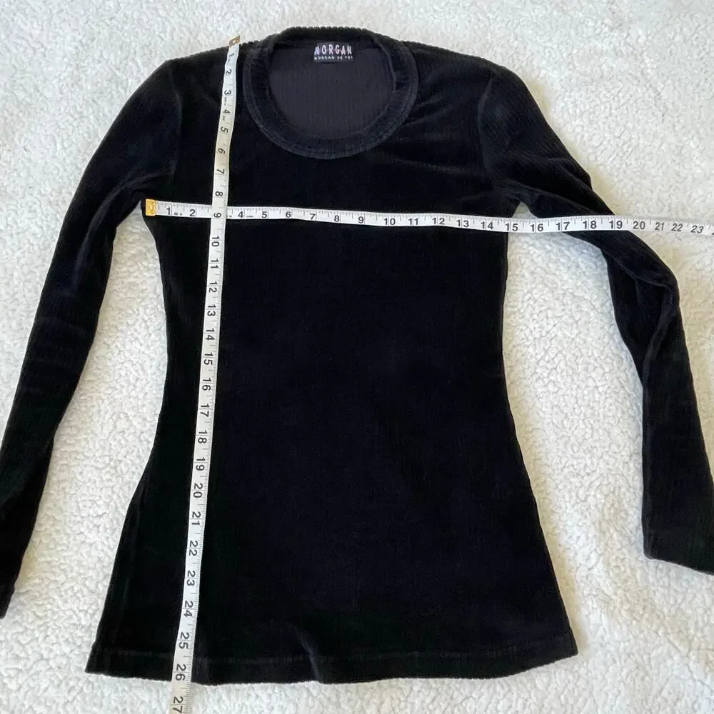 Morgan de Toi Paris Black Ribbed Velvet Top Long Sleeve Stretch Tee - Picture 6 of 10